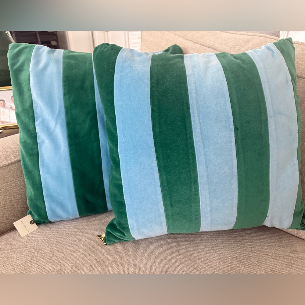Anthropologie Andie Striped Cotton Velvet pillow set of 2! Blue/green NWT on 1